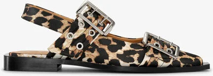 Ganni Leopard Satin Feminine Buckle Ballerinas