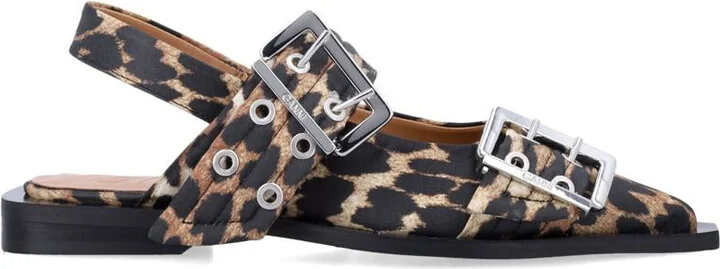 Ganni Leopard Satin Feminine Buckle Ballerinas