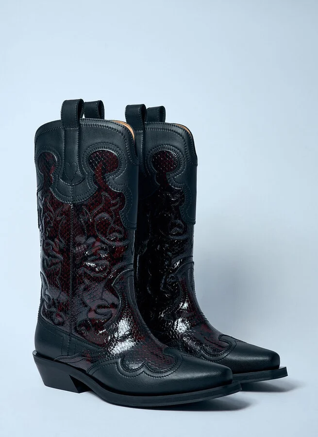 GANNI Mid Shaft Embroidered Western Boots - Woman Boots Burgundy Eu - 37 - Image 2
