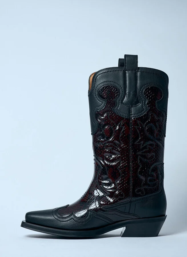 GANNI Mid Shaft Embroidered Western Boots - Woman Boots Burgundy Eu - 37 - Image 4