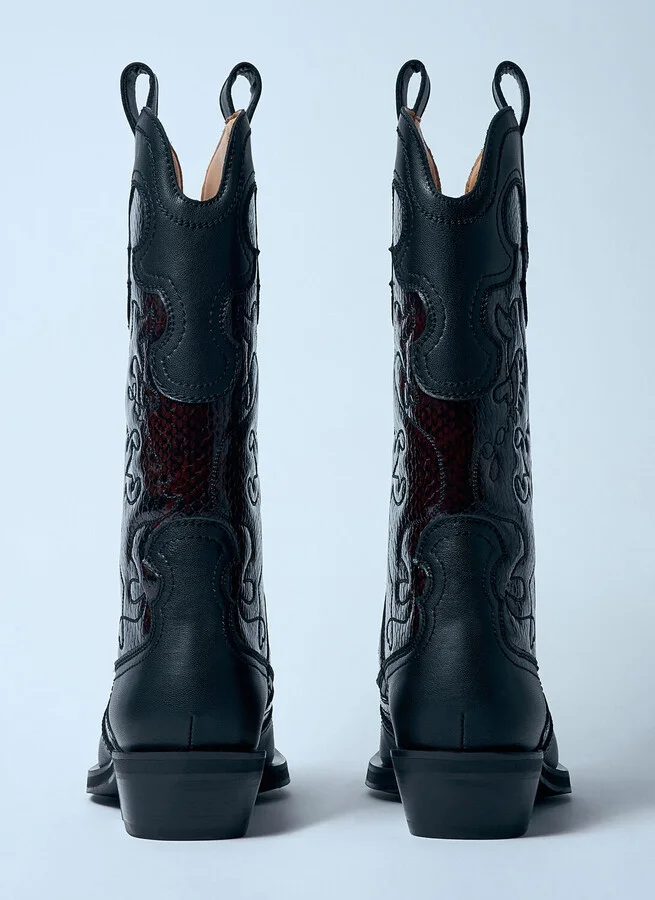 GANNI Mid Shaft Embroidered Western Boots - Woman Boots Burgundy Eu - 37 - Image 6