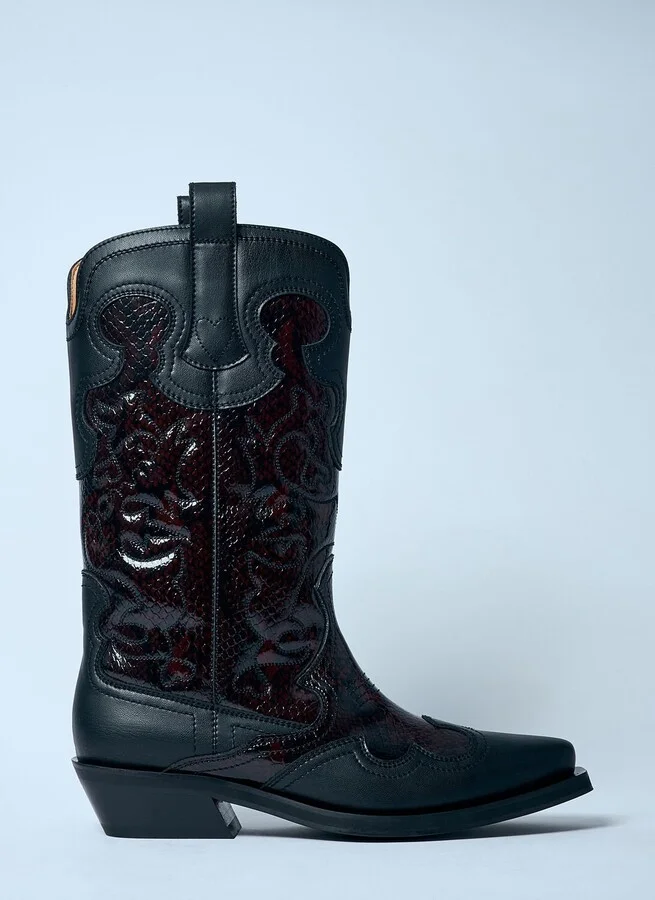 GANNI Mid Shaft Embroidered Western Boots - Woman Boots Burgundy Eu - 37