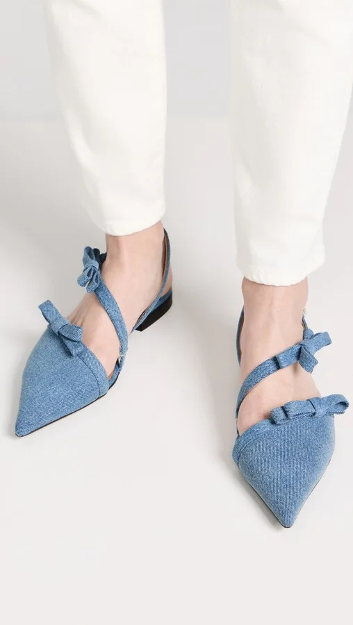 GANNI Multi Bow Pointy Cut Out Ballerina Denim Flats - Image 5