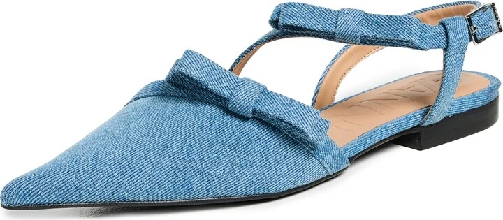 GANNI Multi Bow Pointy Cut Out Ballerina Denim Flats