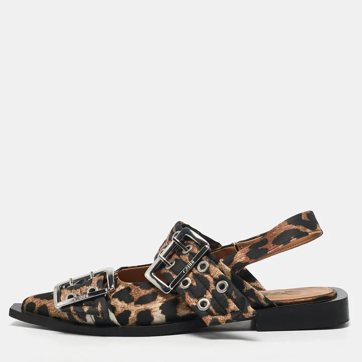 Ganni Multicolor Fabric Leopard Print Buckle Slingback Flats Size 37