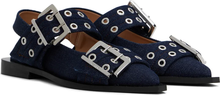 GANNI Navy Denim Buckle Ballerina Flats - Image 4