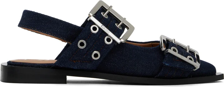 GANNI Navy Denim Buckle Ballerina Flats