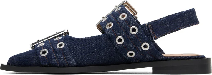 GANNI Navy Denim Feminine Buckle Ballerina Flats - Image 3