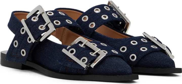 GANNI Navy Denim Feminine Buckle Ballerina Flats - Image 4
