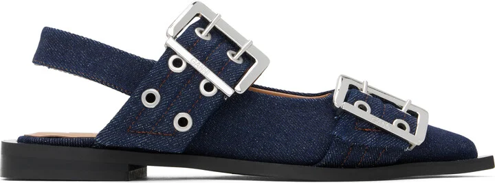 GANNI Navy Denim Feminine Buckle Ballerina Flats