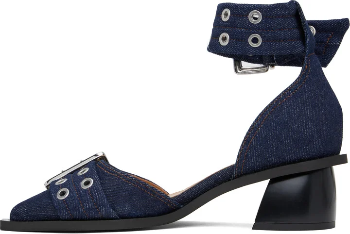 GANNI Navy Feminine Buckle Open Cut Heels - Image 3