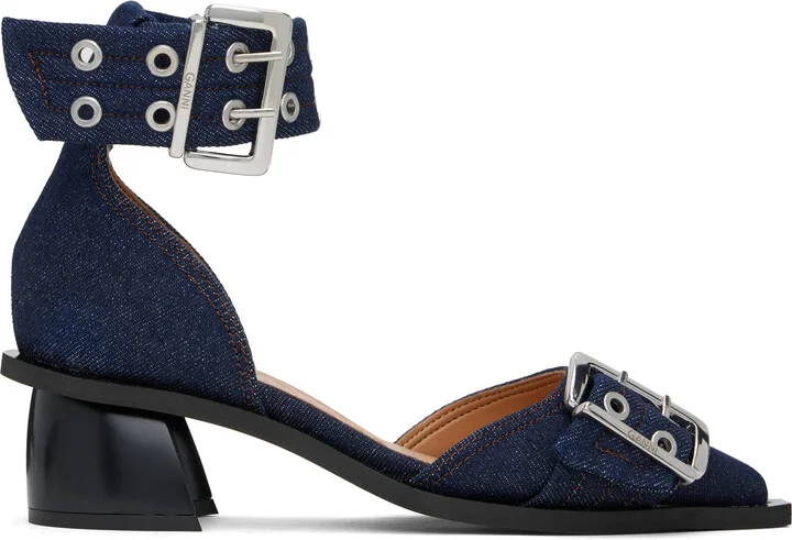 GANNI Navy Feminine Buckle Open Cut Heels