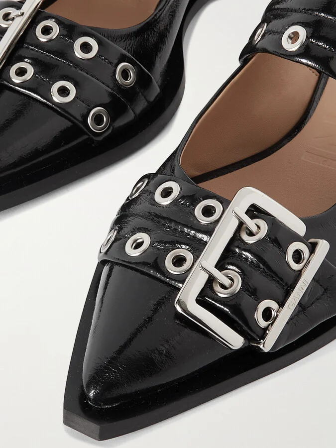 GANNI - + Net Sustain Buckled Eyelet-embellished Recycled Faux Patent-leather Ballet Flats - Black - Image 4