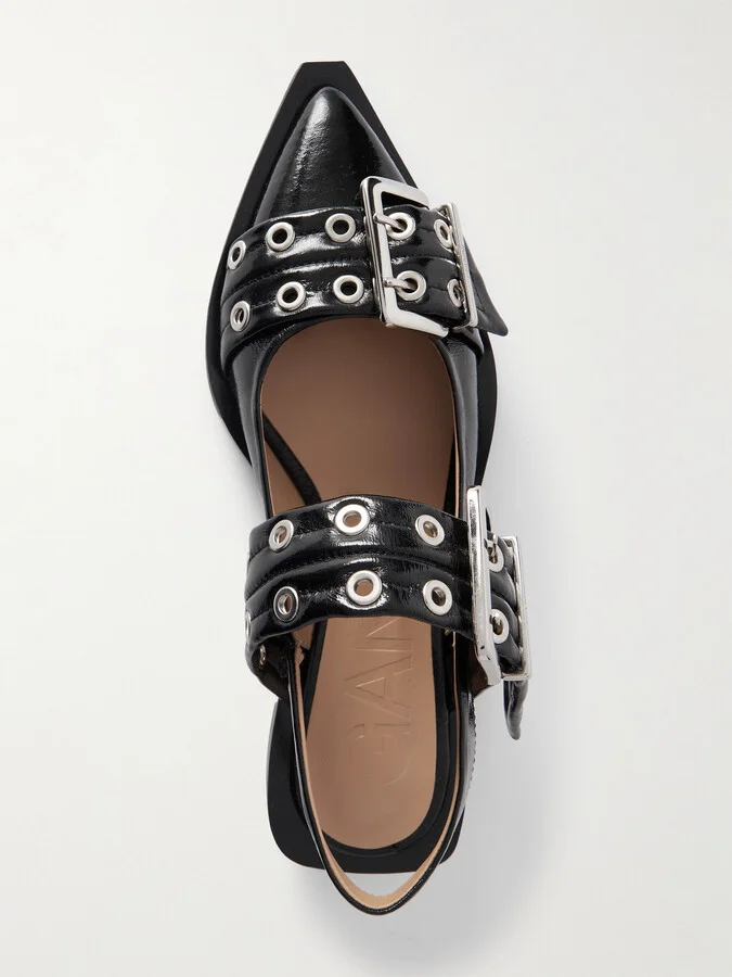 GANNI - + Net Sustain Buckled Eyelet-embellished Recycled Faux Patent-leather Ballet Flats - Black - Image 5