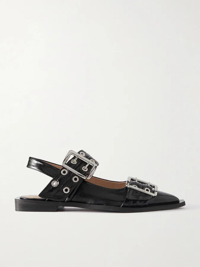 GANNI - + Net Sustain Buckled Eyelet-embellished Recycled Faux Patent-leather Ballet Flats - Black