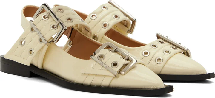 GANNI Off-White Feminine Buckle Ballerina Flats - Image 4