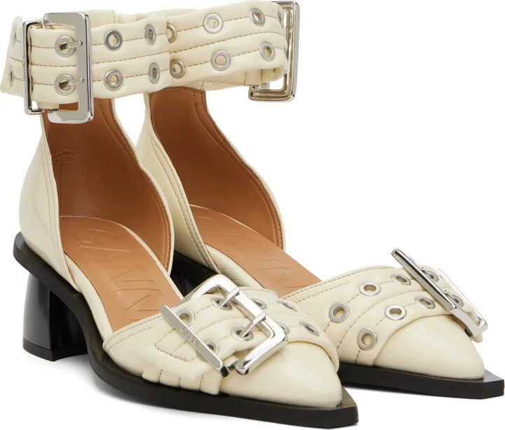 GANNI Off-White Feminine Buckle Open Cut Heels - Image 4