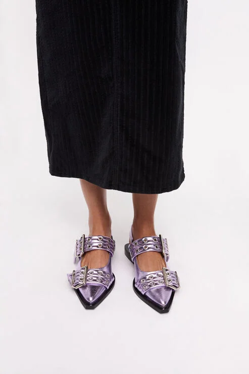Ganni Pink Metallic Feminine Buckle Ballerinas