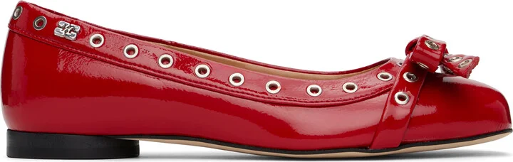 GANNI Red Eyelet Bow Ballerina Flats