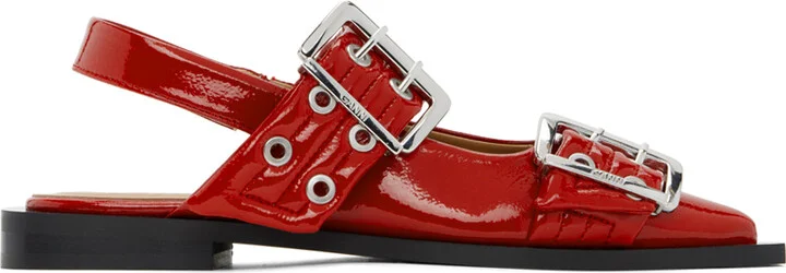 GANNI Red Feminine Buckle Ballerina Flats