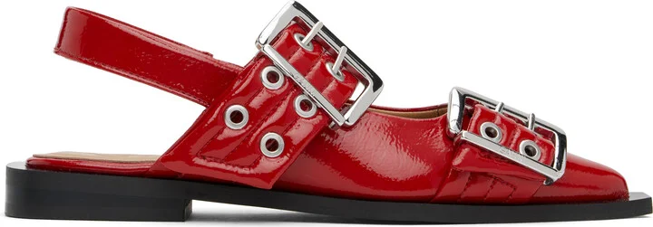 GANNI Red Feminine Buckle Flats
