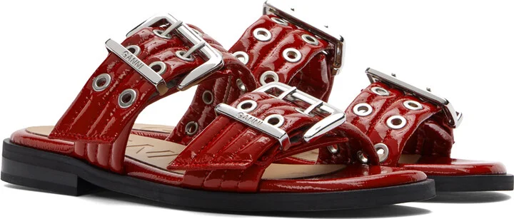 GANNI Red Feminine Buckle Two-Strap Sandals - Image 4
