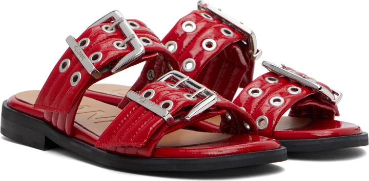 GANNI Red Feminine Buckle Two-Strap Sandals - Image 4