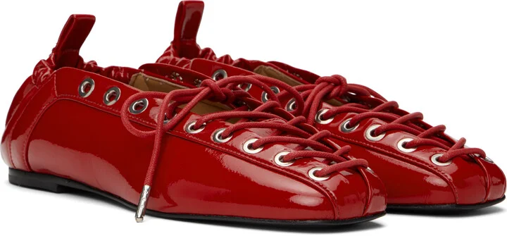GANNI Red Lace-Up Ballerina Flats - Image 4