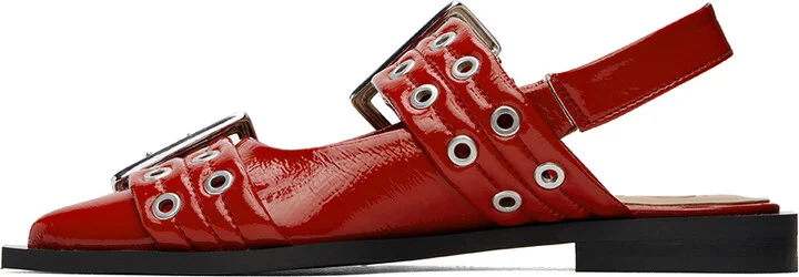 GANNI Red Wide Welt Buckle Ballerina Flats - Image 3