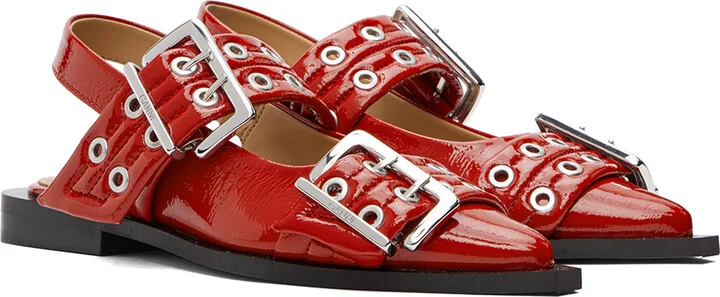 GANNI Red Wide Welt Buckle Ballerina Flats - Image 4