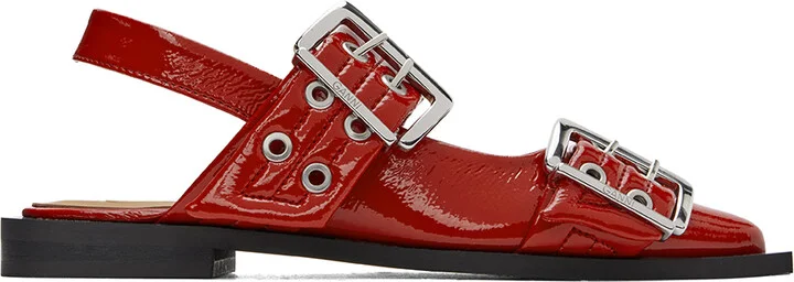 GANNI Red Wide Welt Buckle Ballerina Flats