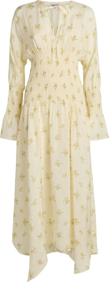 Ganni Sheer Floral Smocked Midi Dress