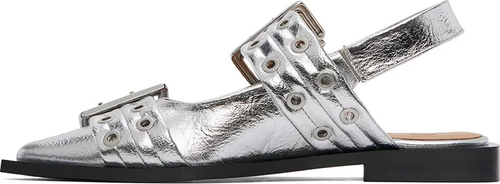GANNI Silver Feminine Buckle Ballerina Flats - Image 3