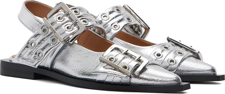 GANNI Silver Feminine Buckle Ballerina Flats - Image 4