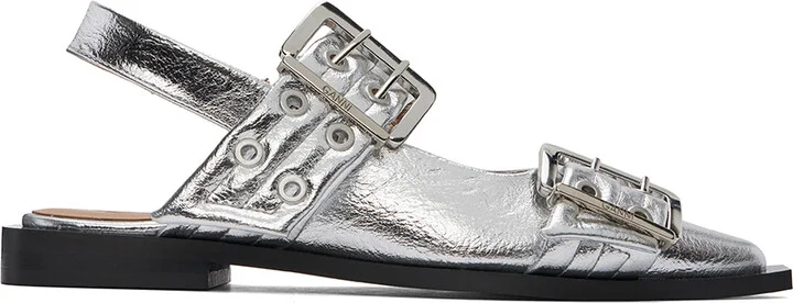 GANNI Silver Feminine Buckle Ballerina Flats
