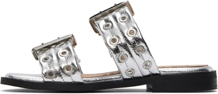 GANNI Silver Feminine Buckle Two-Strap Sandals - Image 3