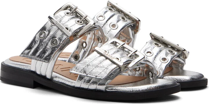 GANNI Silver Feminine Buckle Two-Strap Sandals - Image 4