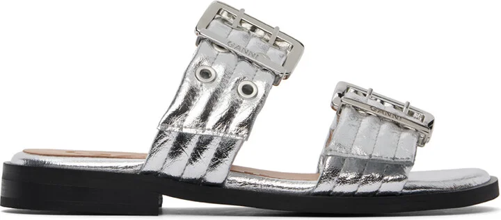 GANNI Silver Feminine Buckle Two-Strap Sandals
