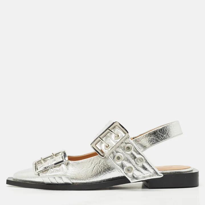 Ganni Silver Leather Buckle Slingback Flats Size 37