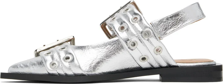 GANNI Silver Metallic Feminine Buckle Flats - Image 3