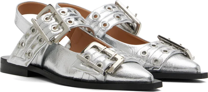 GANNI Silver Metallic Feminine Buckle Flats - Image 4