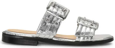 Ganni Silver Metallic Feminine Buckle Two-Strap Sandals - Image 2