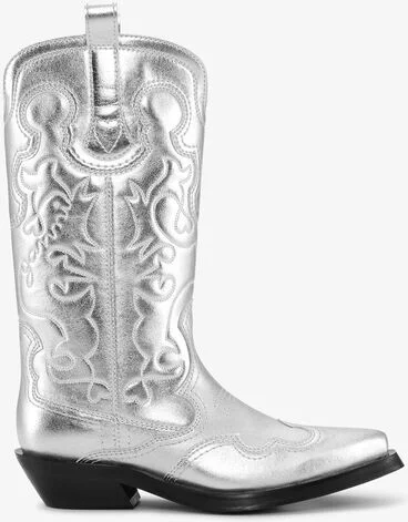 Ganni Silver Mid Shaft Embroidered Western Boots