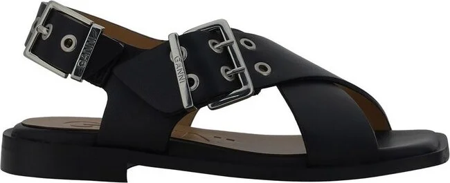 Ganni Square Toe Crossover-Strap Bucked Sandals