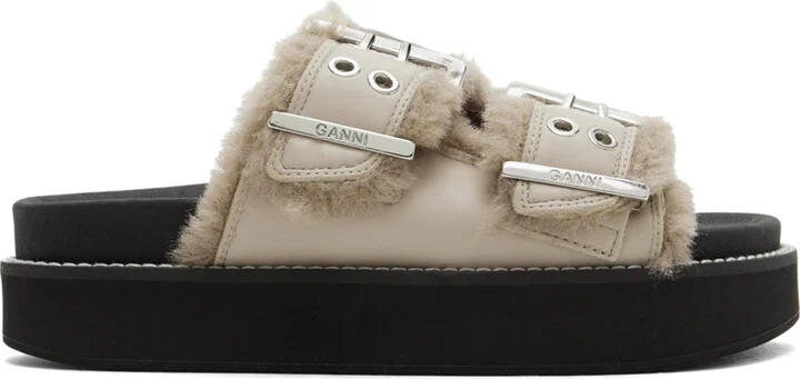 GANNI Taupe Feminine Buckle Flat Sandals