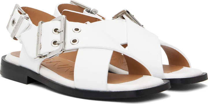 GANNI White Feminine Buckle Cross Strap Sandals - Image 4