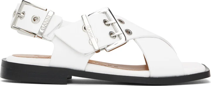 GANNI White Feminine Buckle Cross Strap Sandals