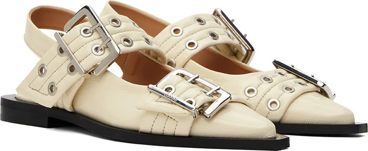 GANNI White Wide Welt Buckle Ballerina Flats - Image 4