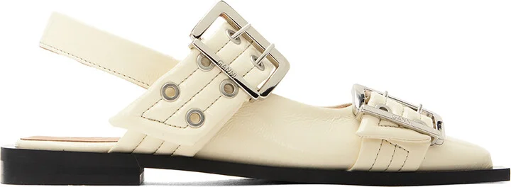 GANNI White Wide Welt Buckle Ballerina Flats