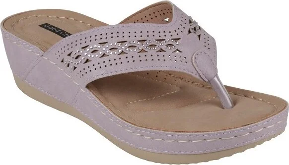 GC Shoes Bari Lilac Embellished Perforated Comfort Slide Wedge Sandals